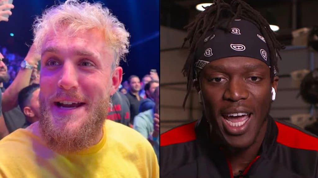 Jake Paul in yellow shirt next to KSI in black and red shirt talking to camera