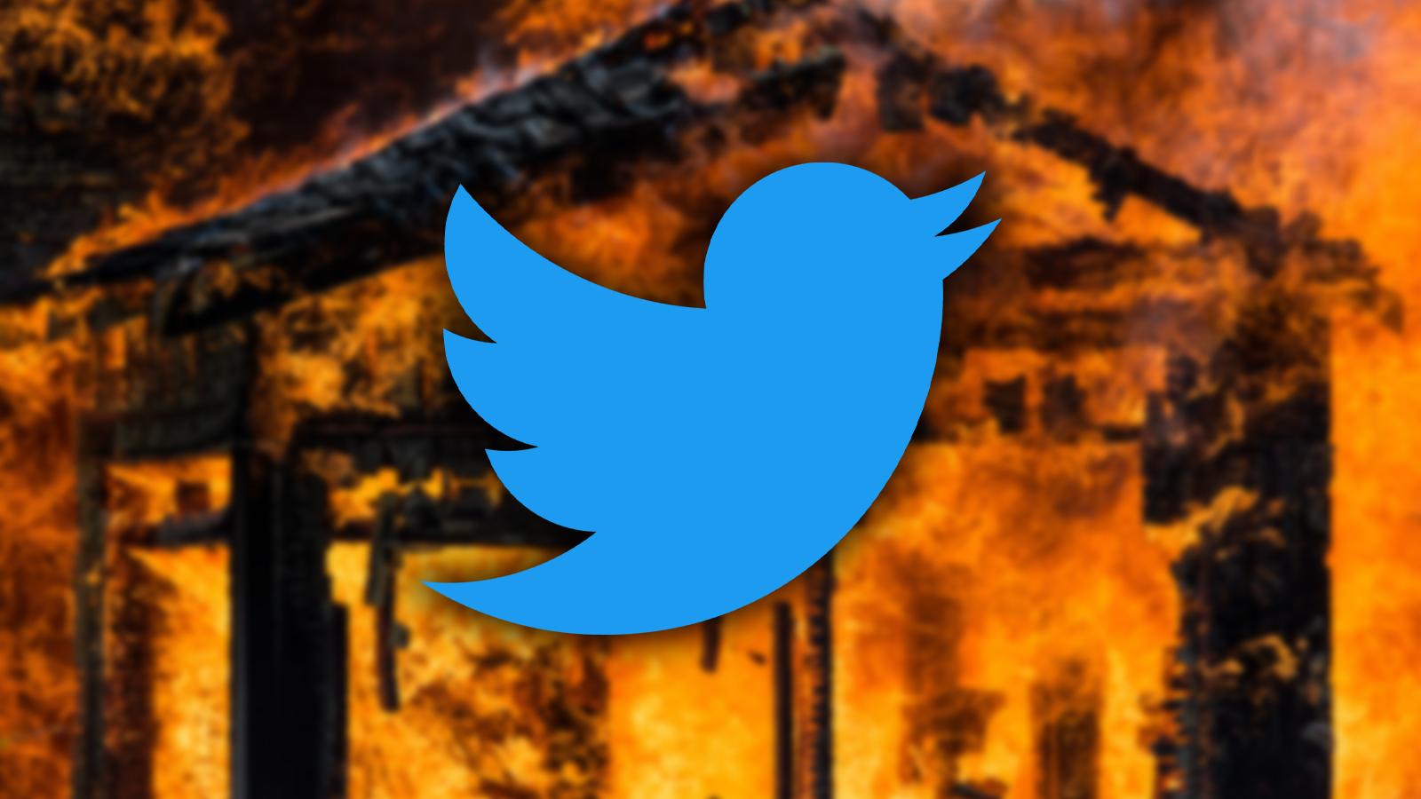 Twitter logo with house burning in background