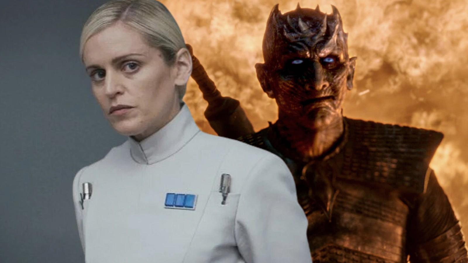 Denise Gough as Dedra Meero in Andor and a still of the Night King from Game of Thrones