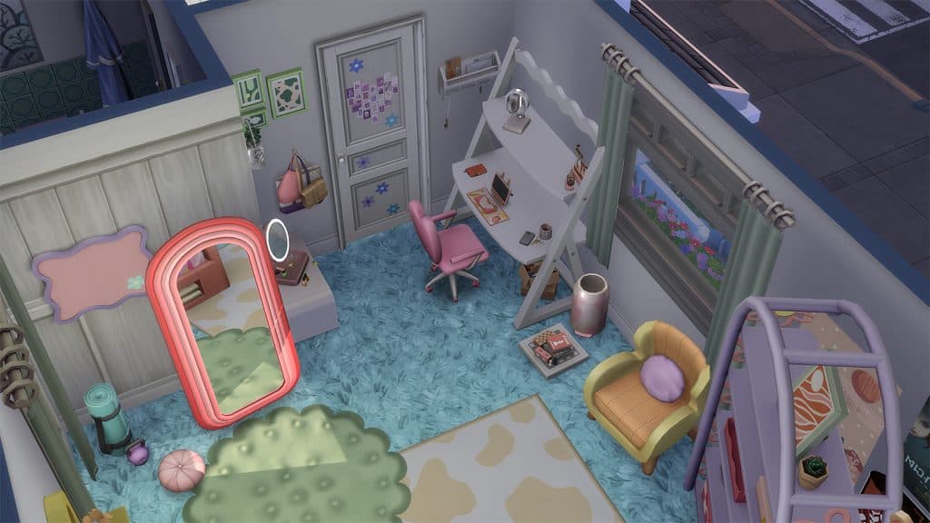 A bedroom in The Sims 4 utilizing the Everyday Clutter and Pastel Pop Kit items