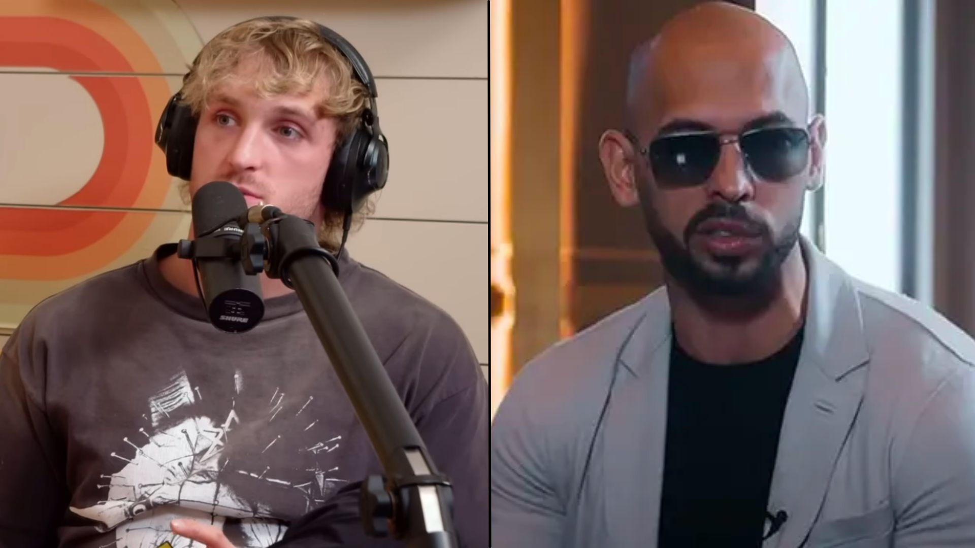 Logan Paul and Andrew Tate talking to camera and into mix side by side