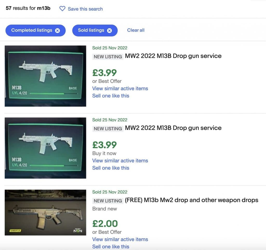 screenshot of ebay listing for M13B gun in Modern Warfare 2