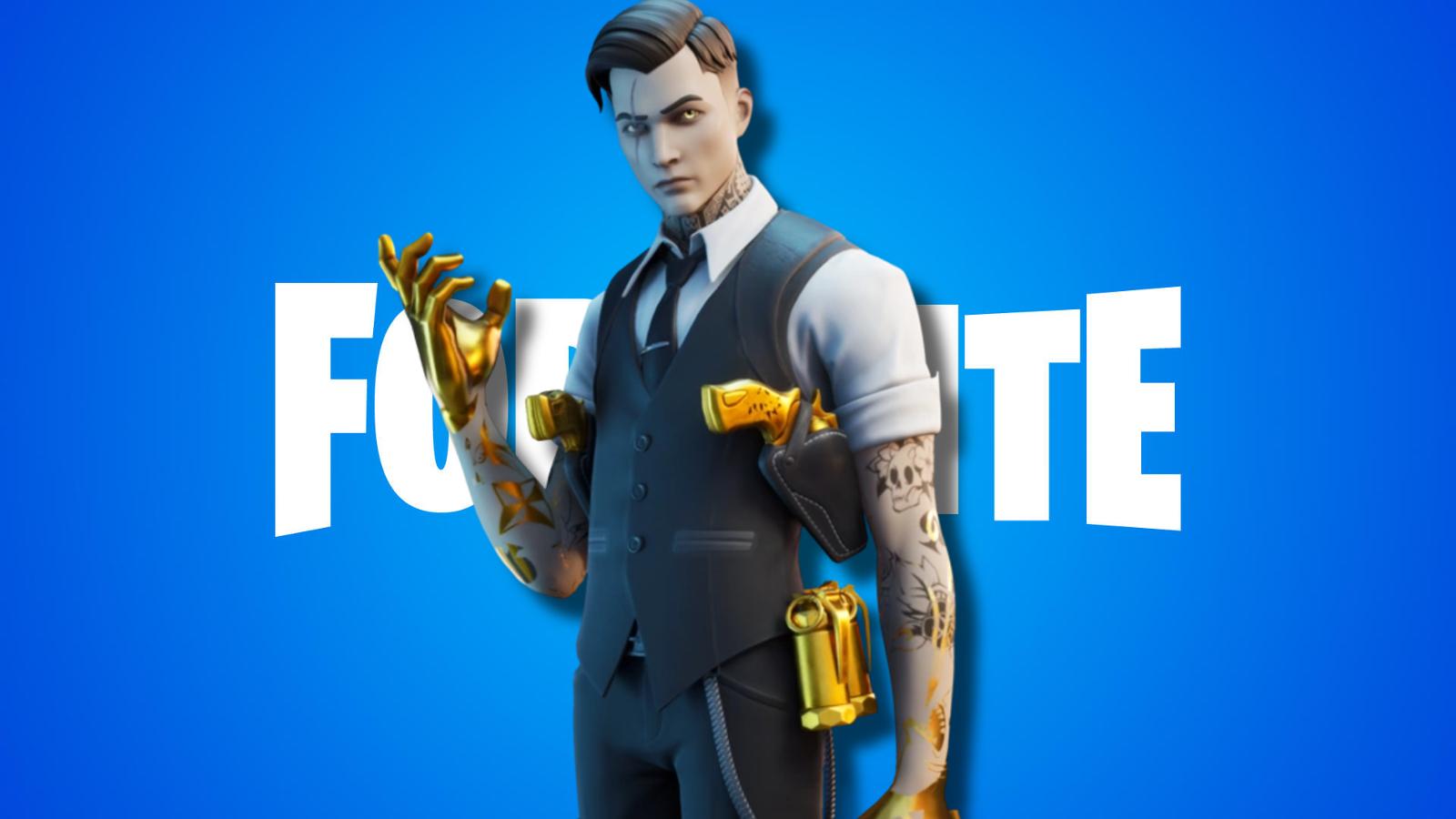 Midas from Fortnite standing over the game's logo.