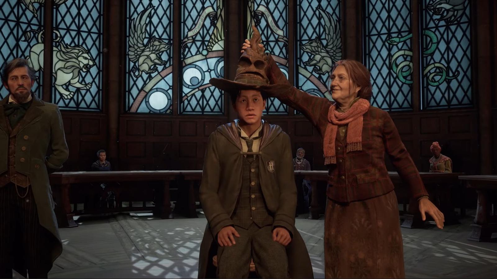Hogwarts Legacy character sitting at the sorting hat.