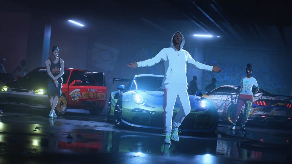 Need for Speed: Unbound screenshot showing a character model and cars