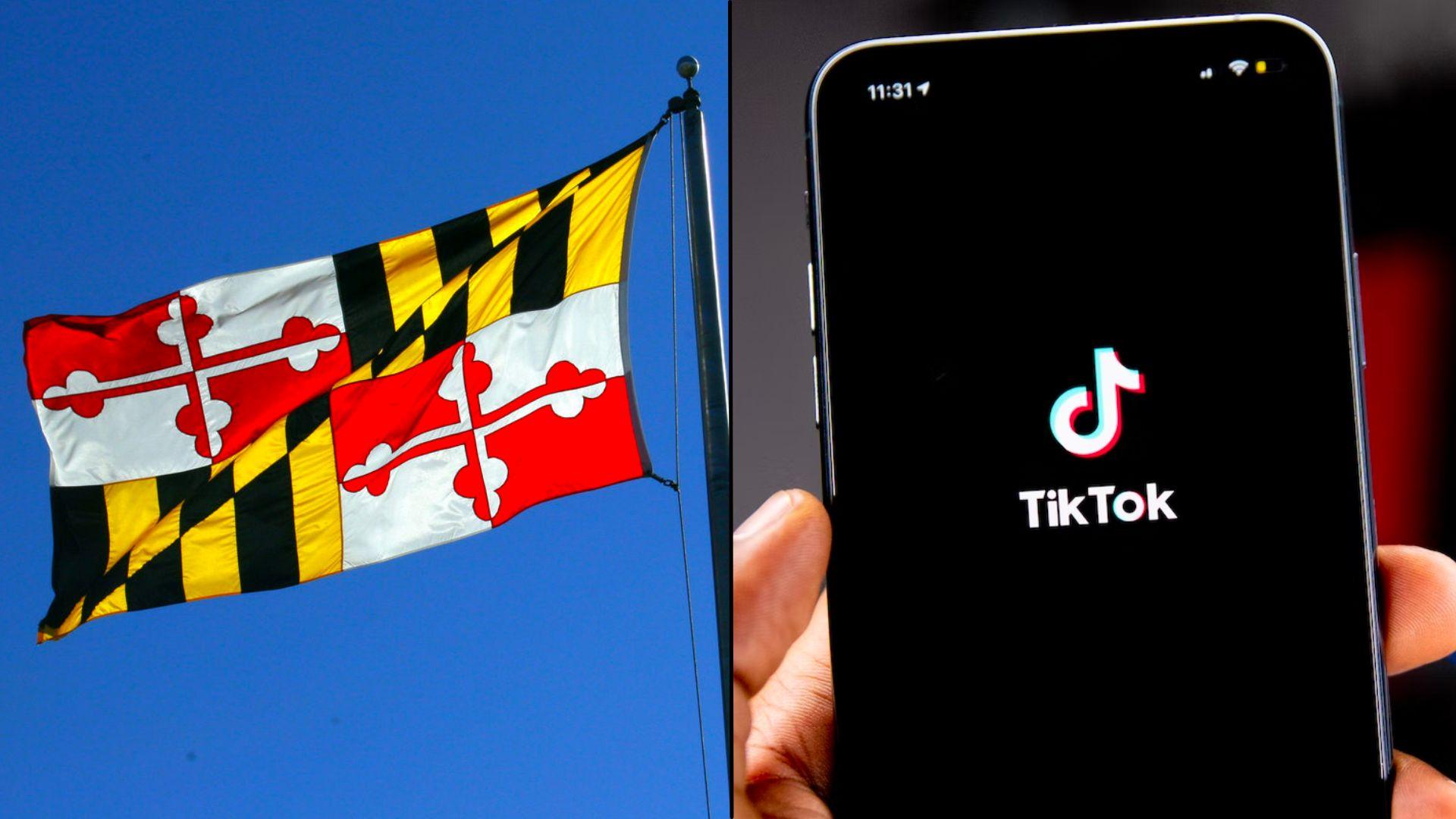 TikTok on phone screen next to Maryland flag waving in sky