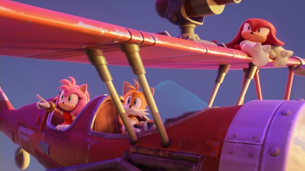 Tails, Knuckles, Amy Rose in the biplane in Sonic Prime