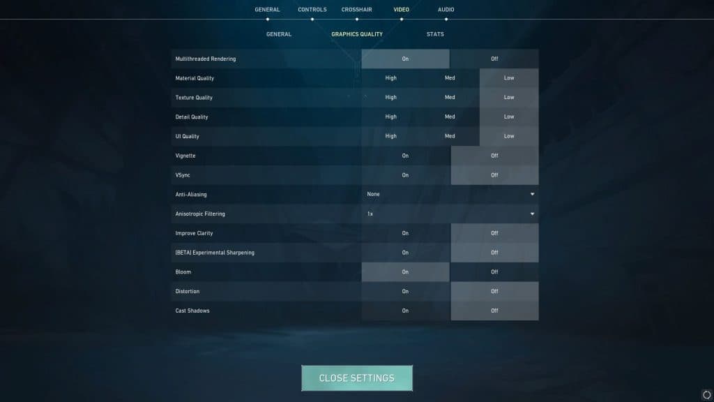 screenshot of the Graphics Quality settings menu in Valorant
