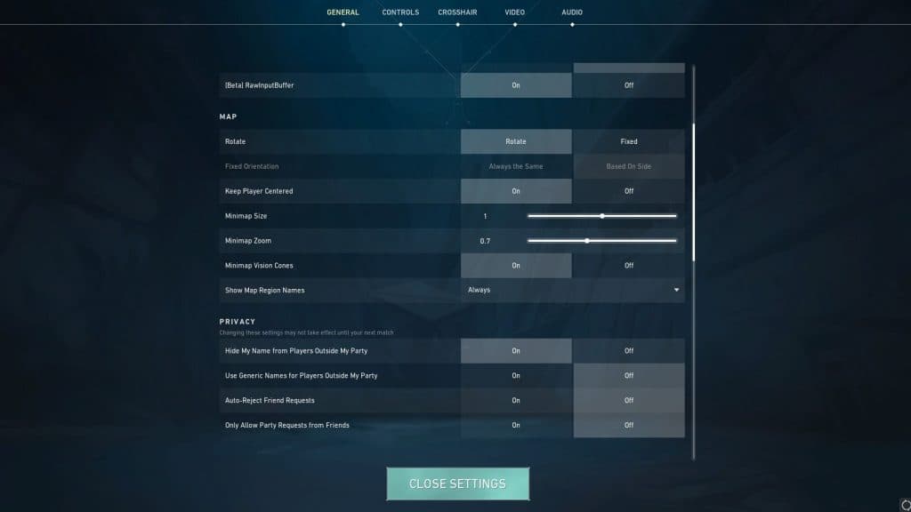 screenshot of the Map settings menu in Valorant