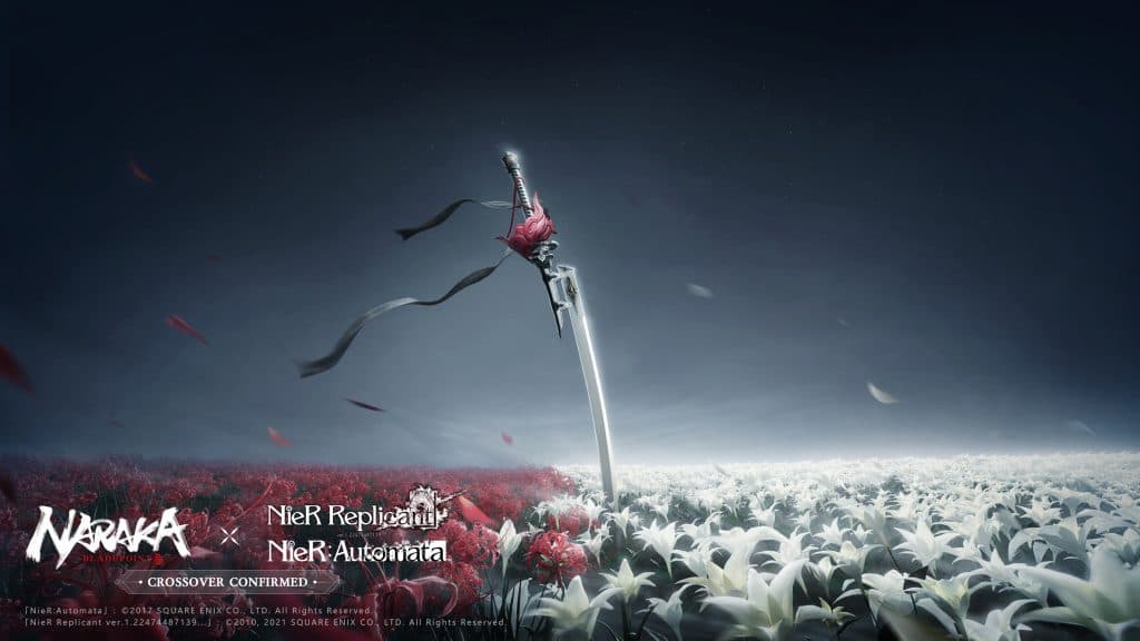Key art for the Naraka and Nier crossover showing a field of flowers with a katana