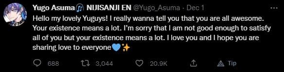 NIJISANJI VTuber Yugo Asuma tweet