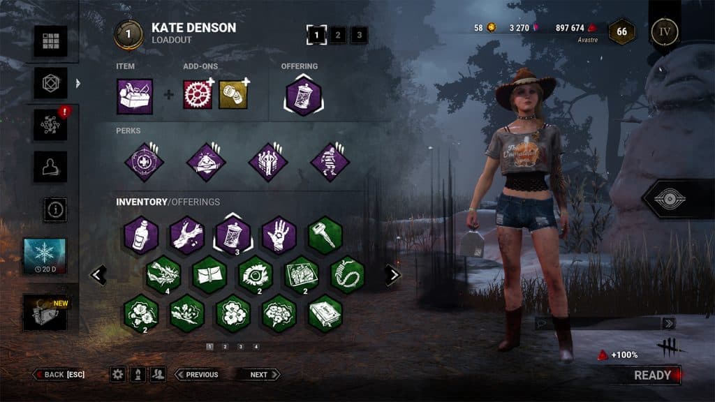 Kate Denson and the loadout screen showing perks and add-ons