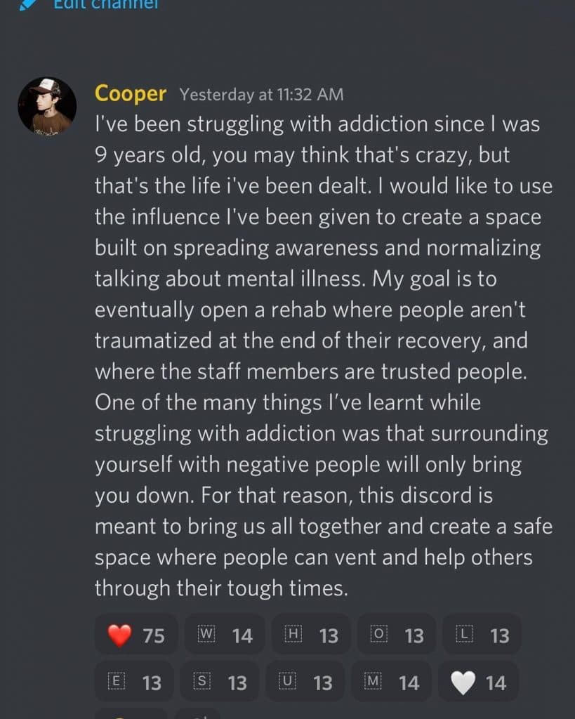 Cooper Noriega announces discord for mental health