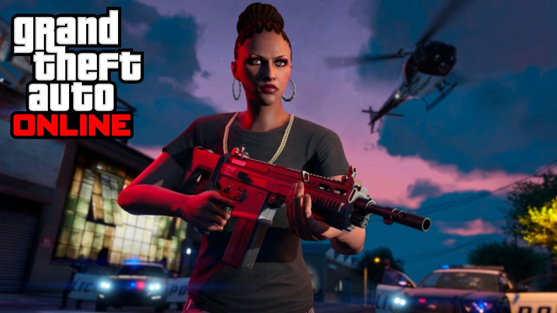 GTA online character running with red gun followed by helicopter