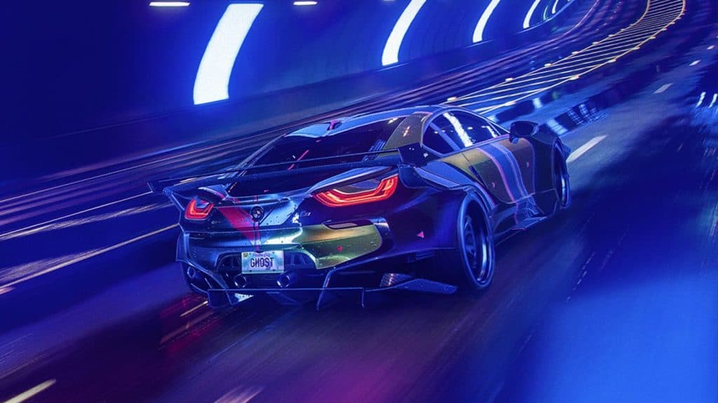 a car speeding inside a tunnel ;it with neon lights in nfs heat
