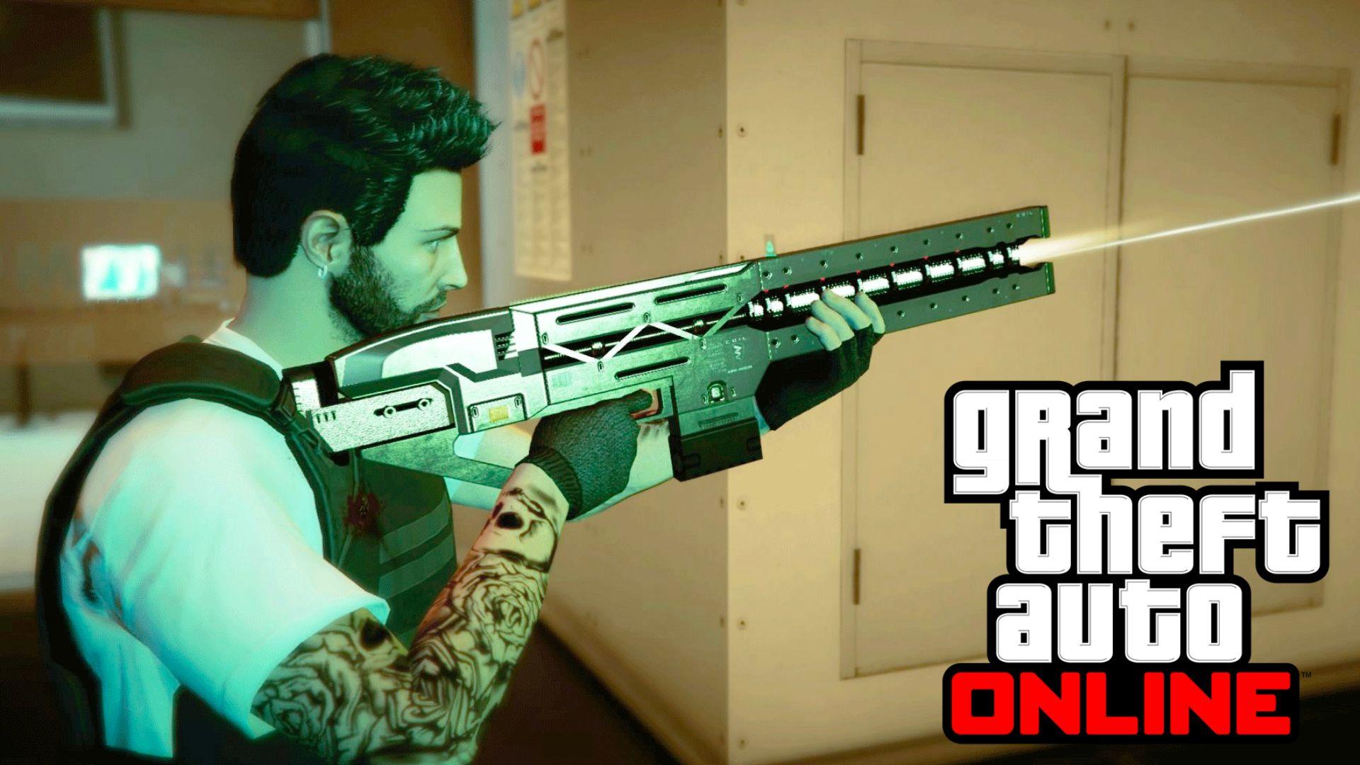 GTA Online character shooting Rail Gun while dressed in body armour
