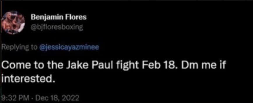 Screenshot of tweet from BJ Flores about Jake paul fight date in 2023
