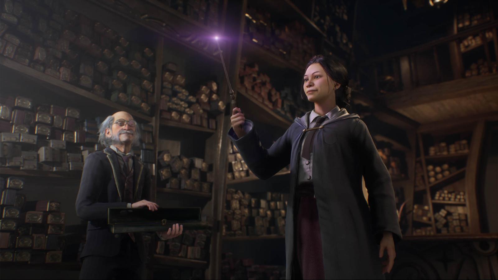 a student holding a wand in Hogwarts Legacy