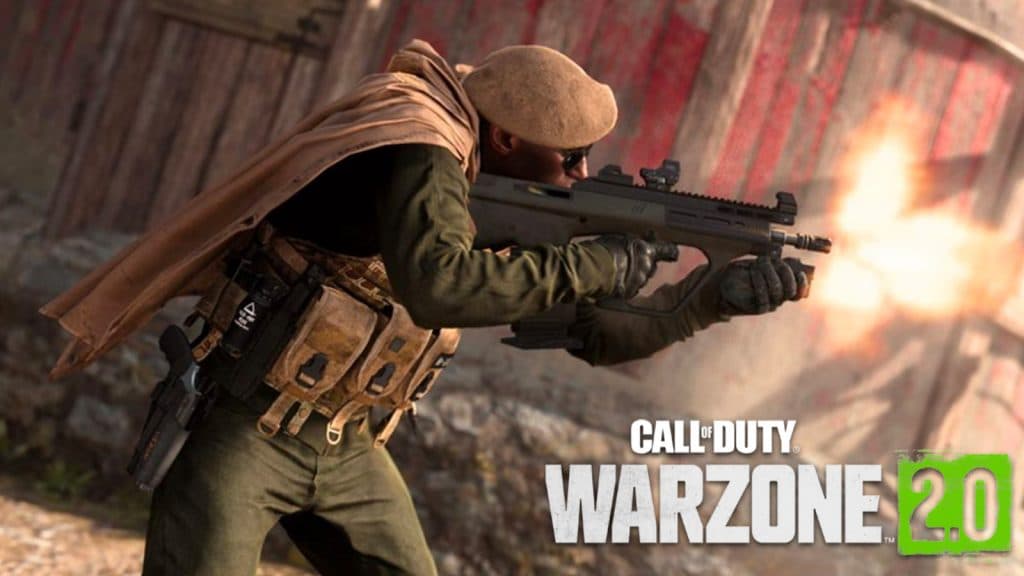 Warzone character with AUG SMG next to Warzone 2.0 logo