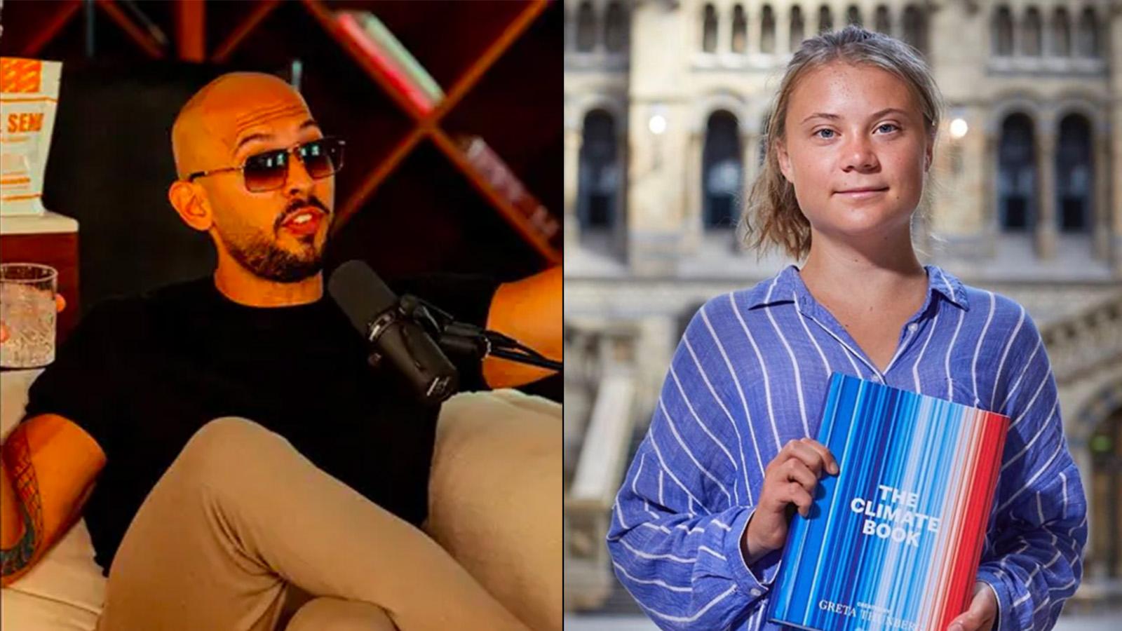 Andrew Tate on podcast next to Greta Thunberg with book