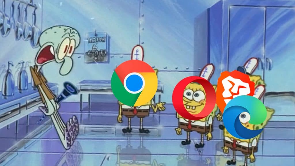 squidward in the spongebob episode sb-192 looking at the spongebob clones with different browser logos on their faces
