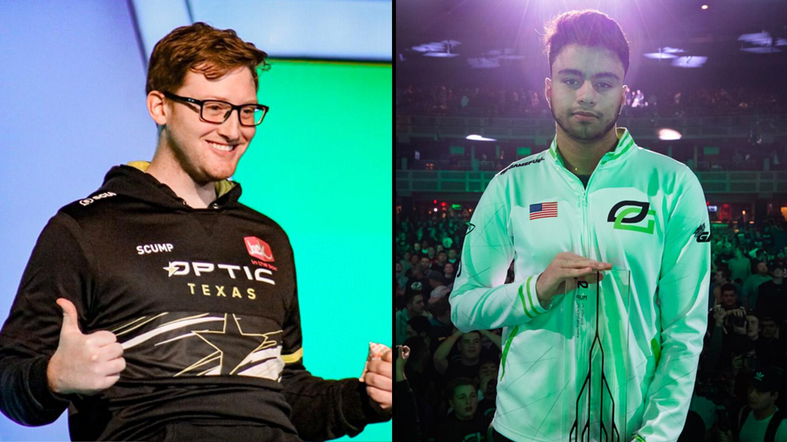 Scump on OpTic Texas next to Dashy on OpTic Gaming holding trophy