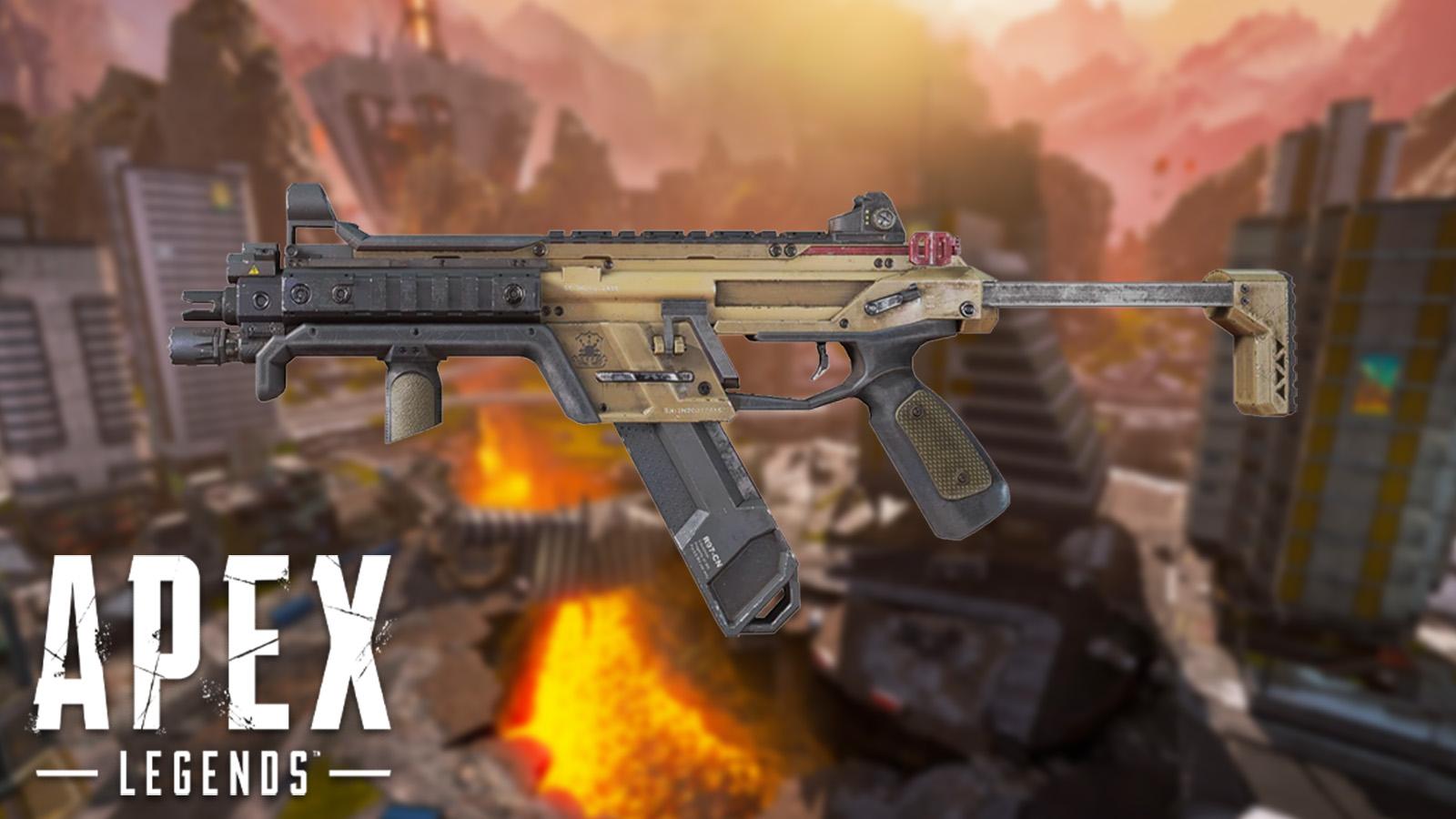 R99 SMG on Apex Legends World's Edge background with game logo