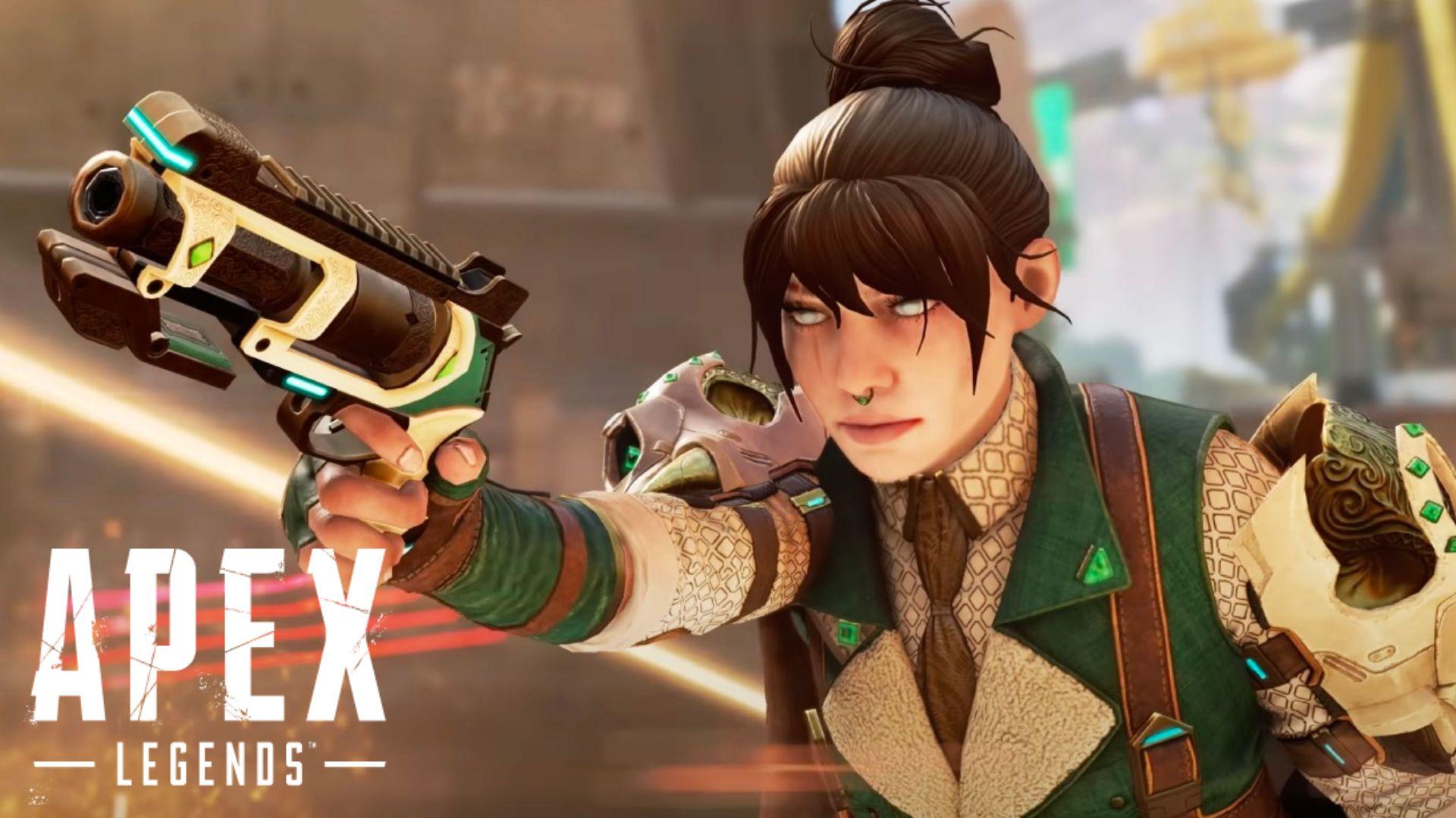 Wraith in white and green skin in apex legends pointing gun