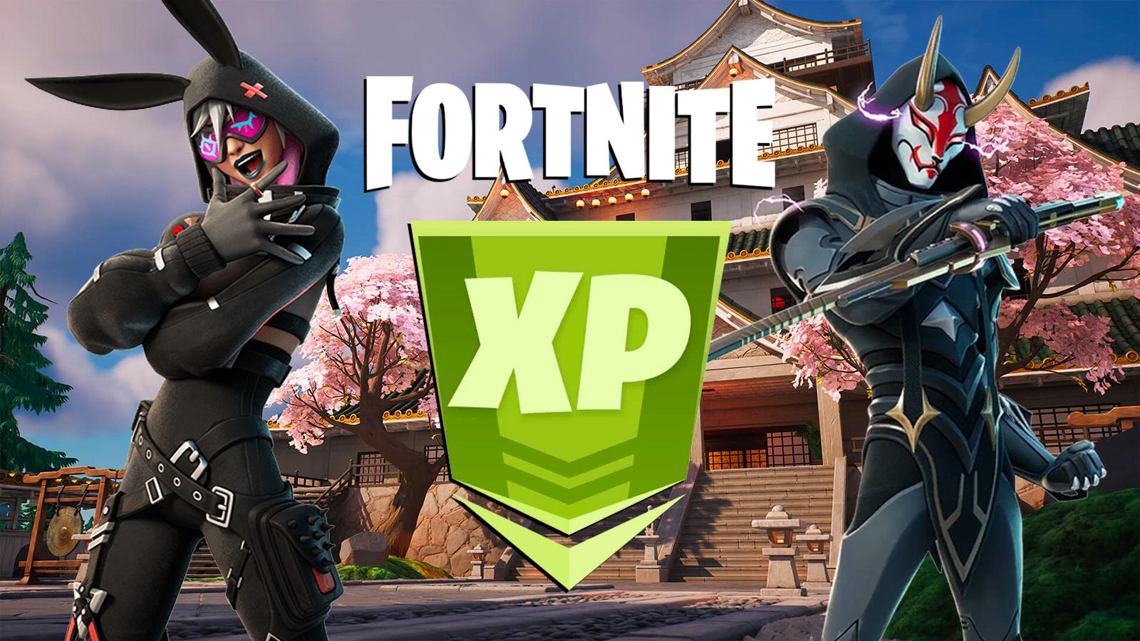 Fortnite characters next to a level up XP token