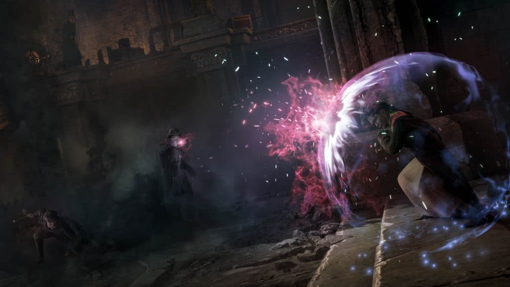 Wizard fighting in Hogwarts Legacy that can take place in The Dark Arts Battle Arena.