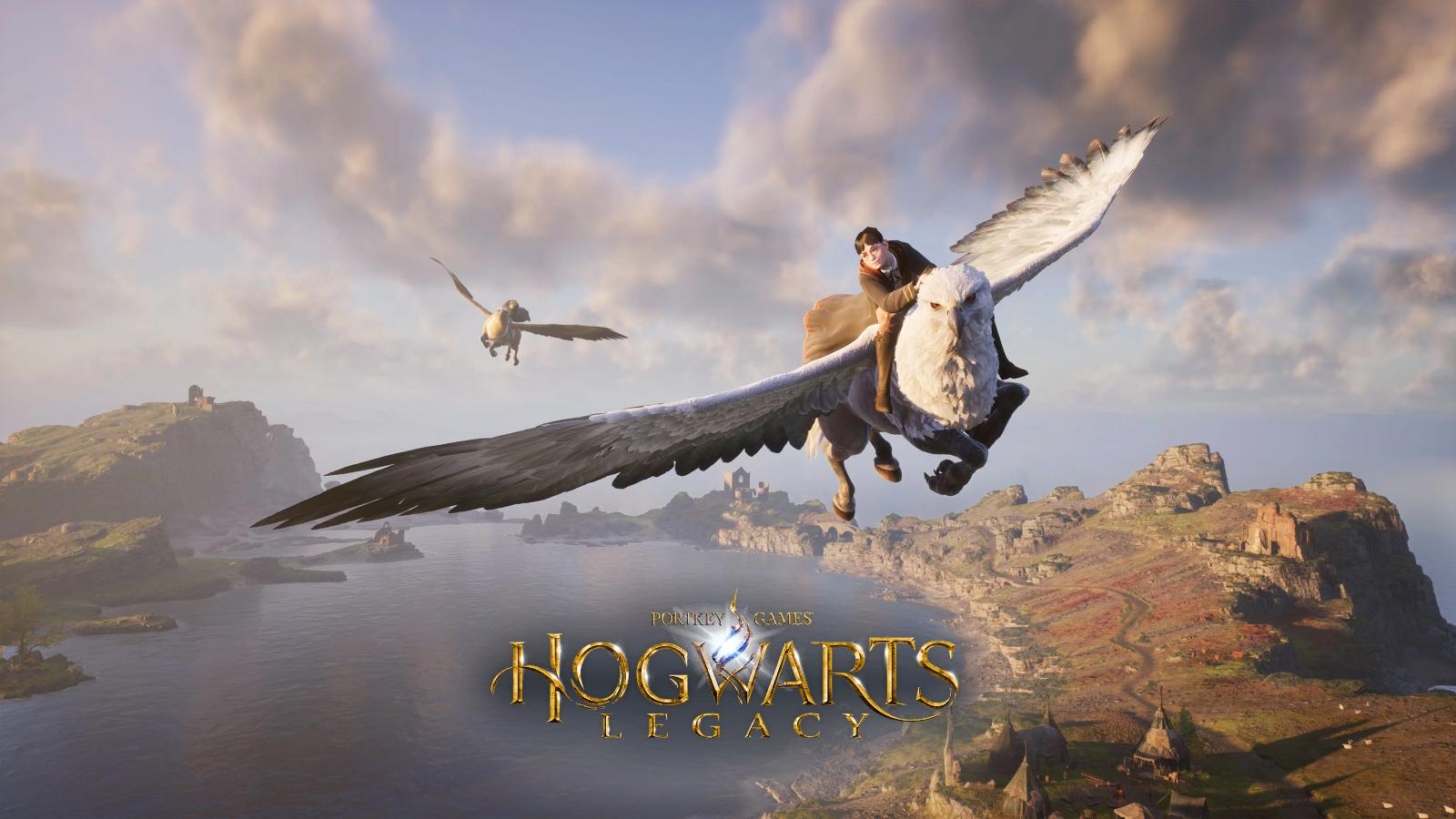 characters flying on hippogriffs in hogwarts legacy
