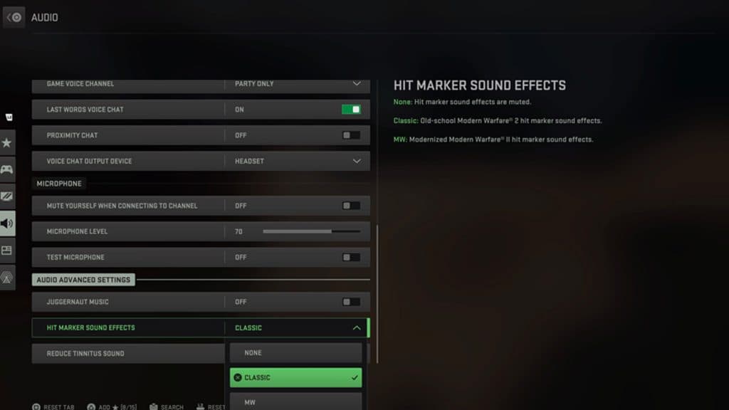 In-game image of audio settings MW2
