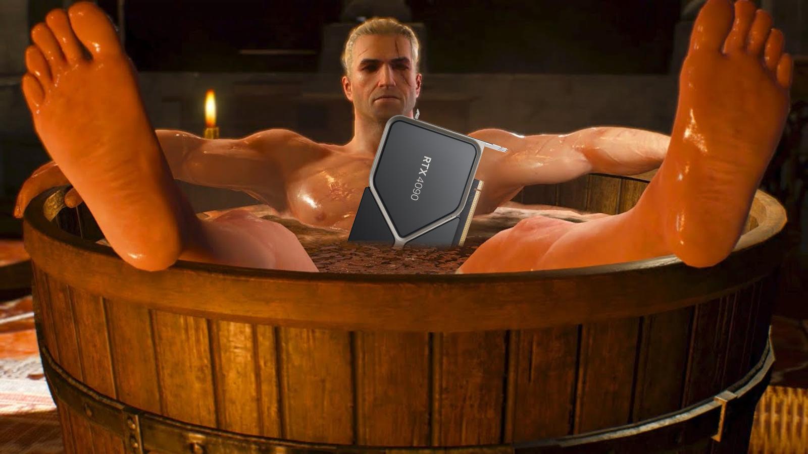 Geralt in a tub with an RTX card floating in the water