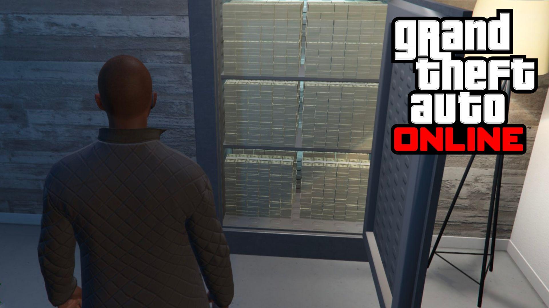 GTA Online character looking at open safe filled with money