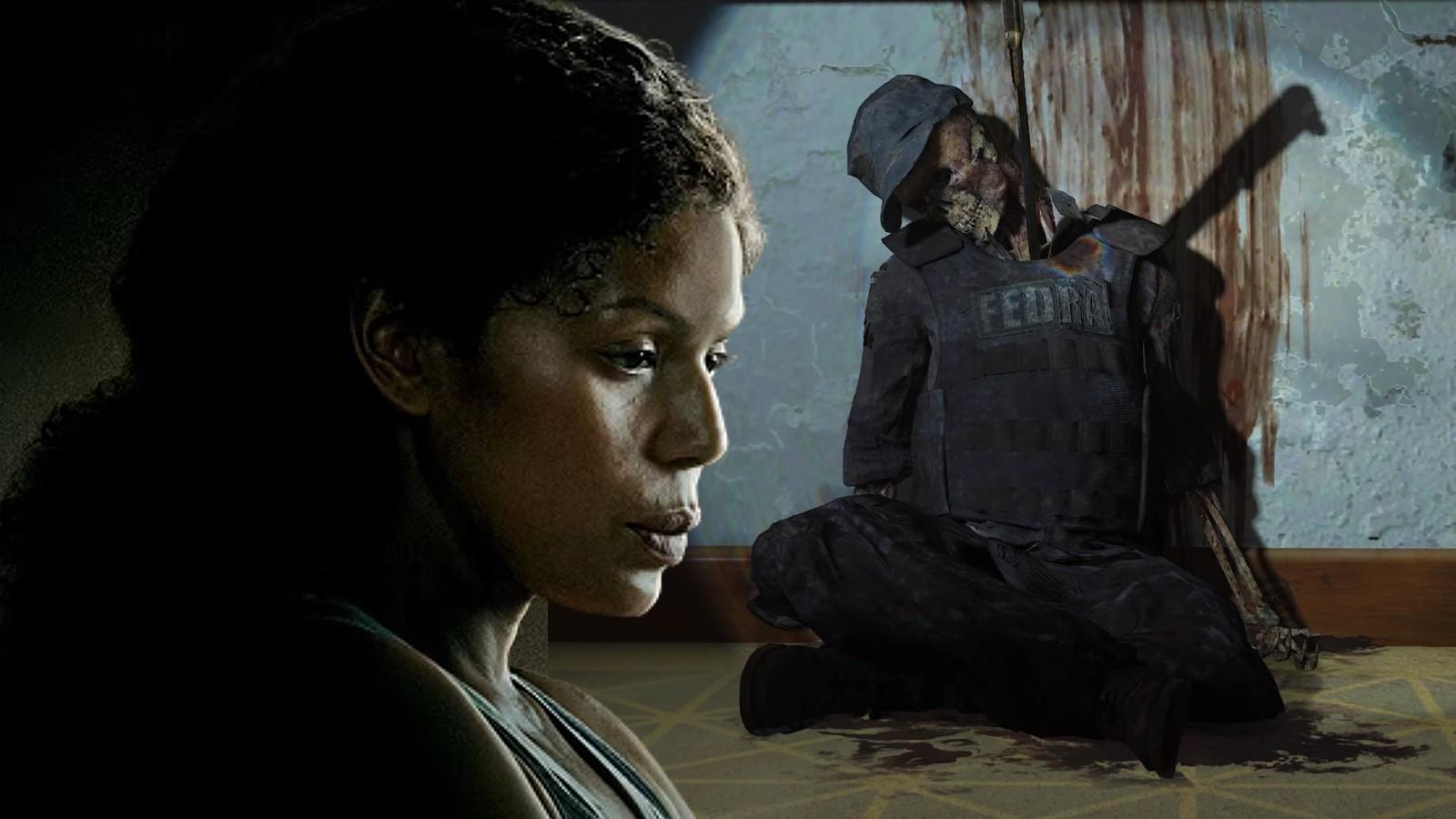 Fireflies leader Marlene in The Last of Us HBO show, and a dead FEDRA soldier