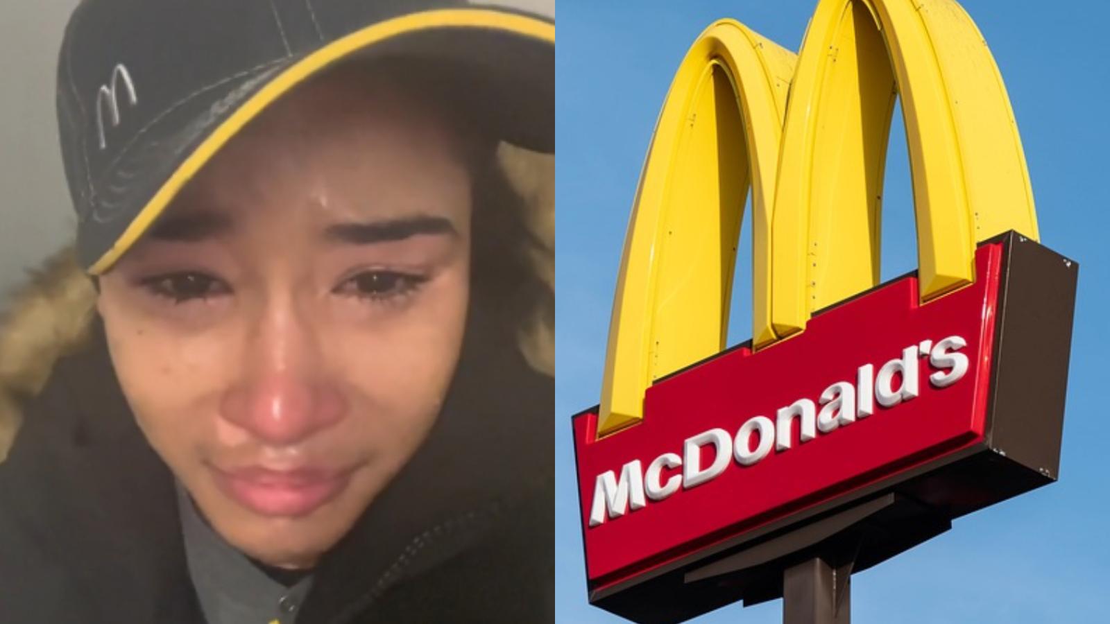 woman cries after quitting office job to work at mcdonalds