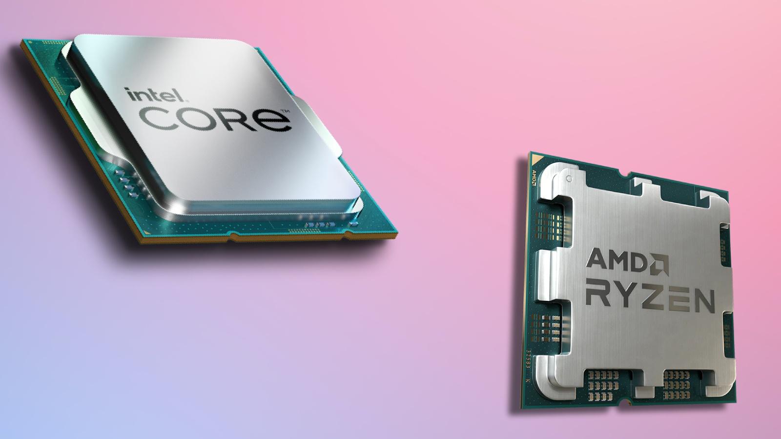 An Intel CPU and AMD CPU on a pink background.