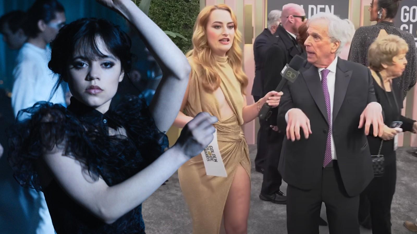 Jenna Ortega in Wednesday and Amelia Dimoldenberg and Henry Winkler doing the dance at the Golden Globes