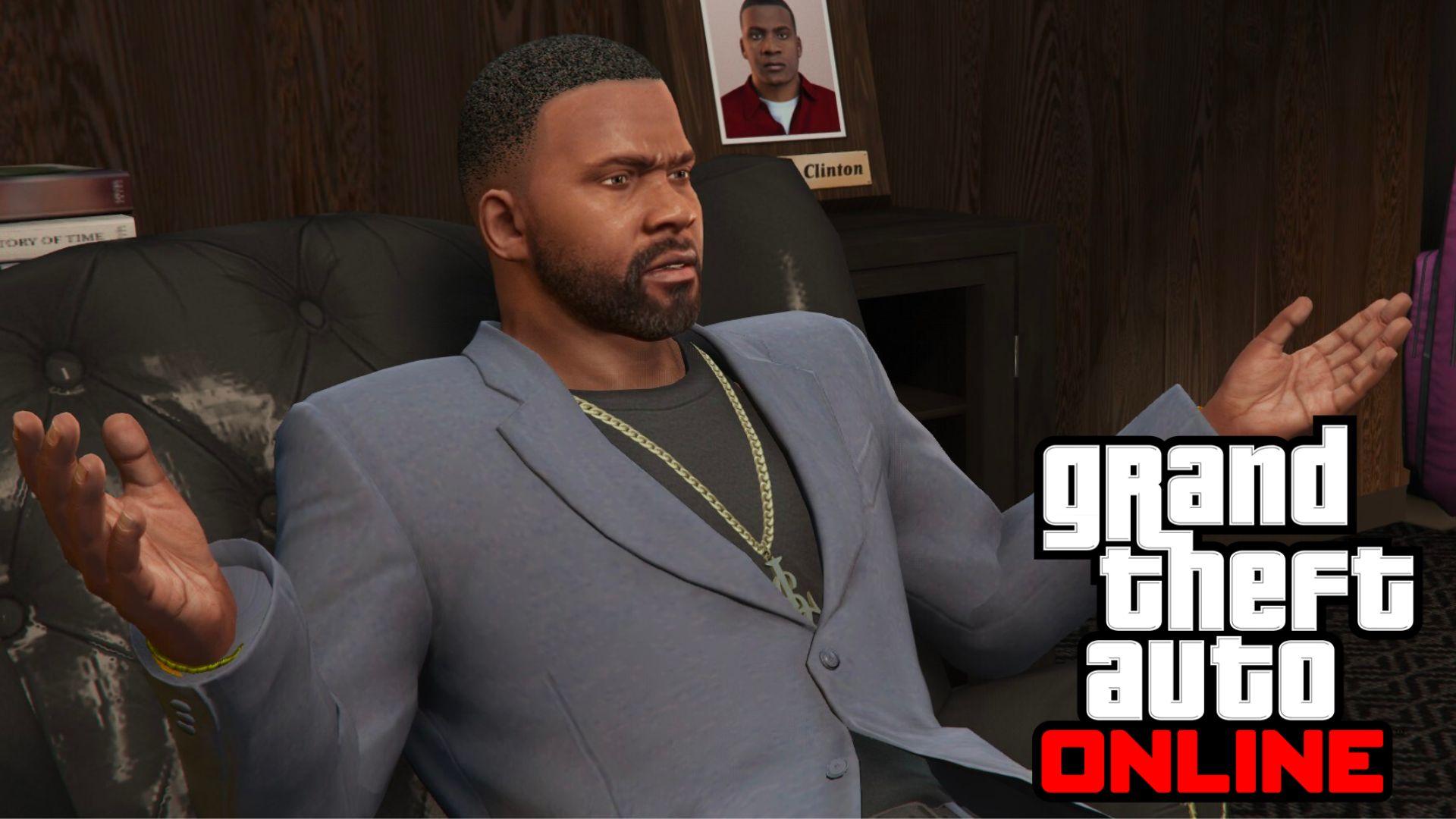 Franklin in GTA online wearing a suit with arms out wide