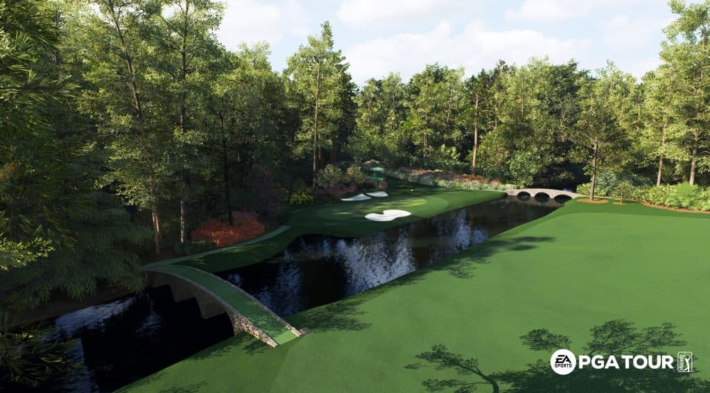 overhead shot of par 3 12th at augusta national in ea sports pga tour