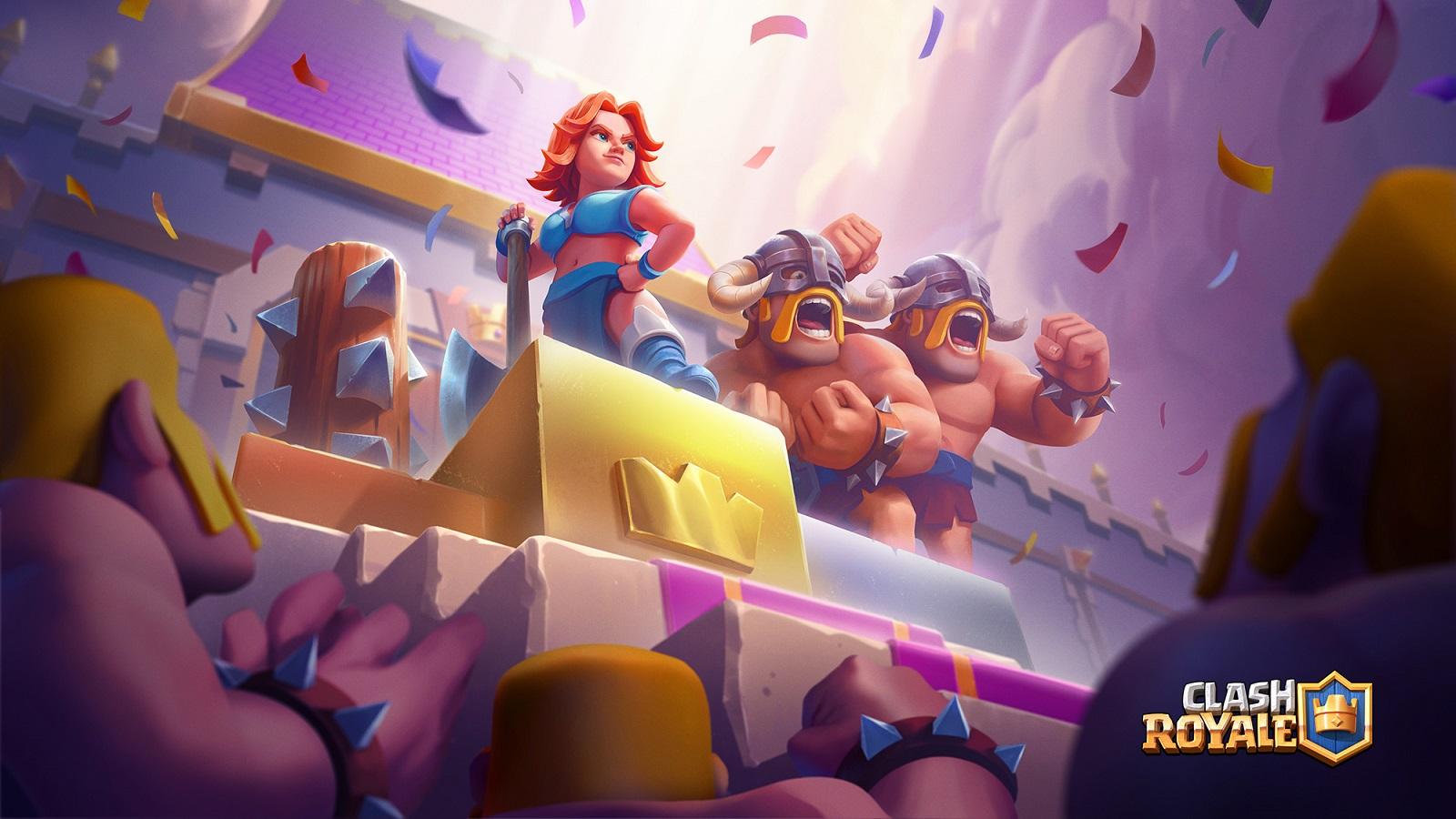 cover art for Clash Royale featuring the Valkyrie and Barbarians.