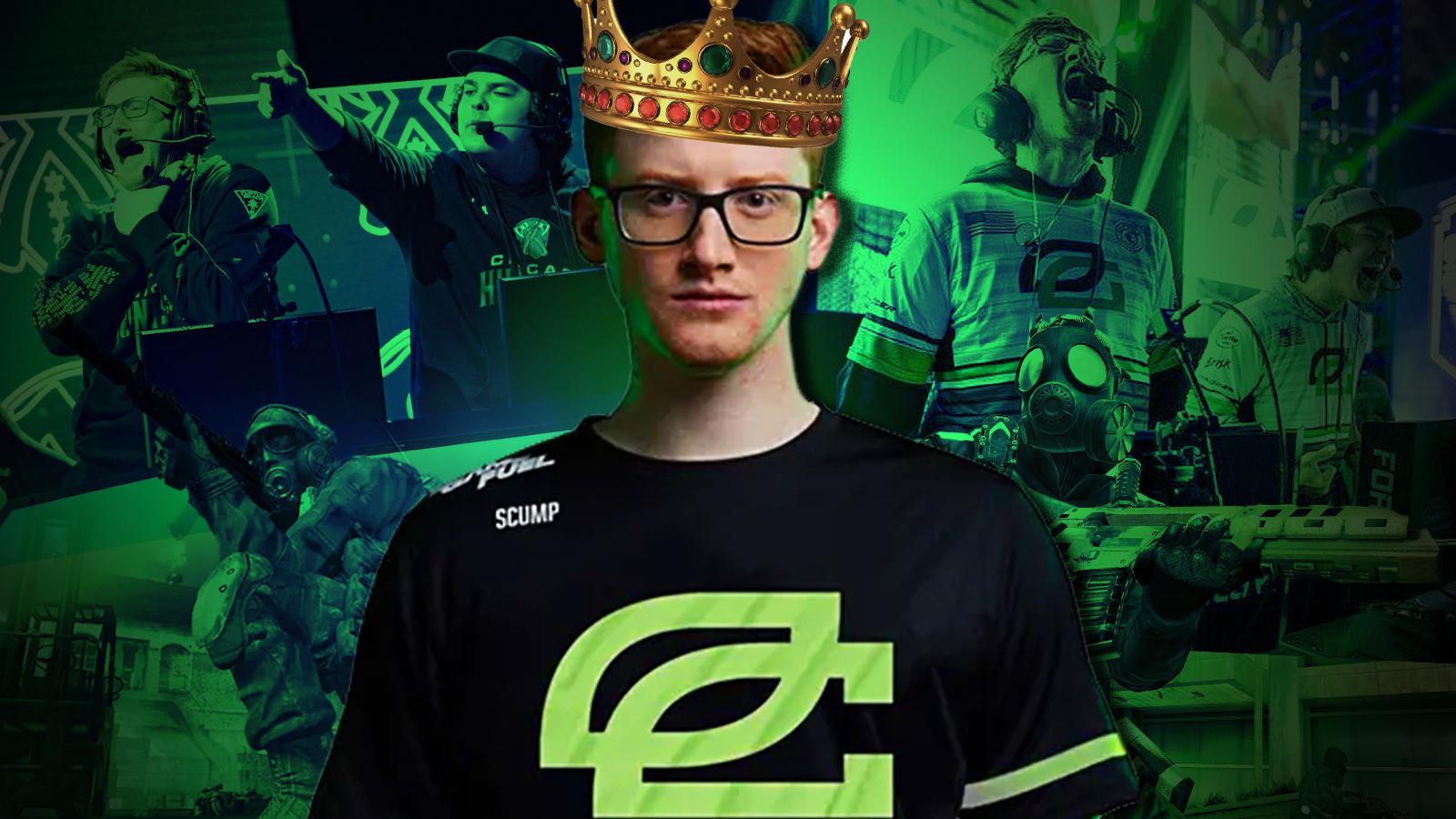 OpTic Scump in front of a wall of his achievements in the pro CoD scene.