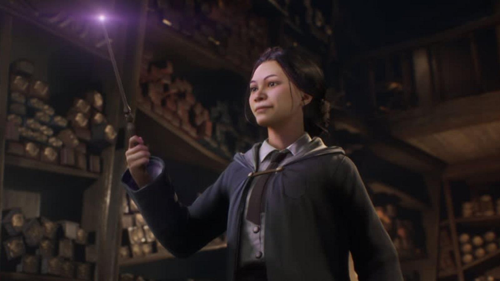 Hogwarts Legacy character with a wand