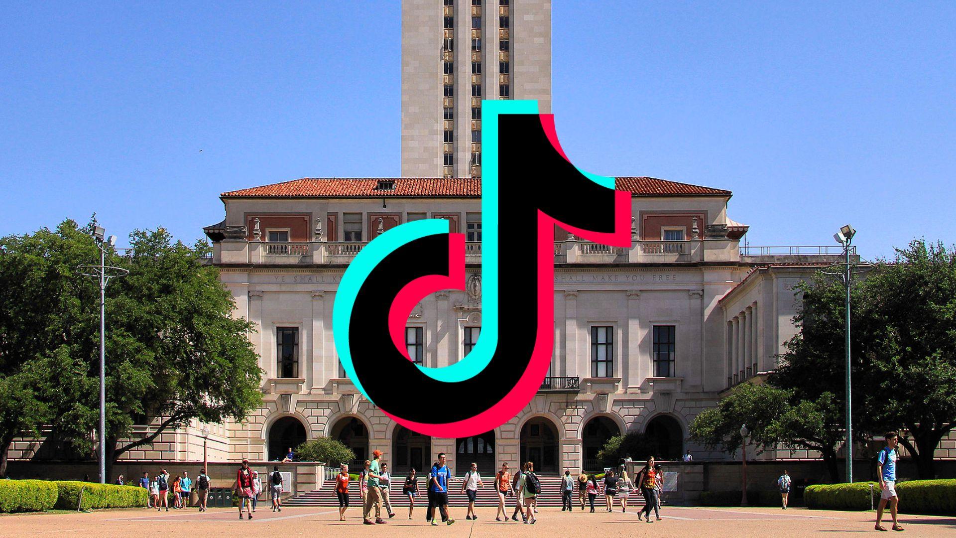 University of Texas at Austin building with TikTOk logo