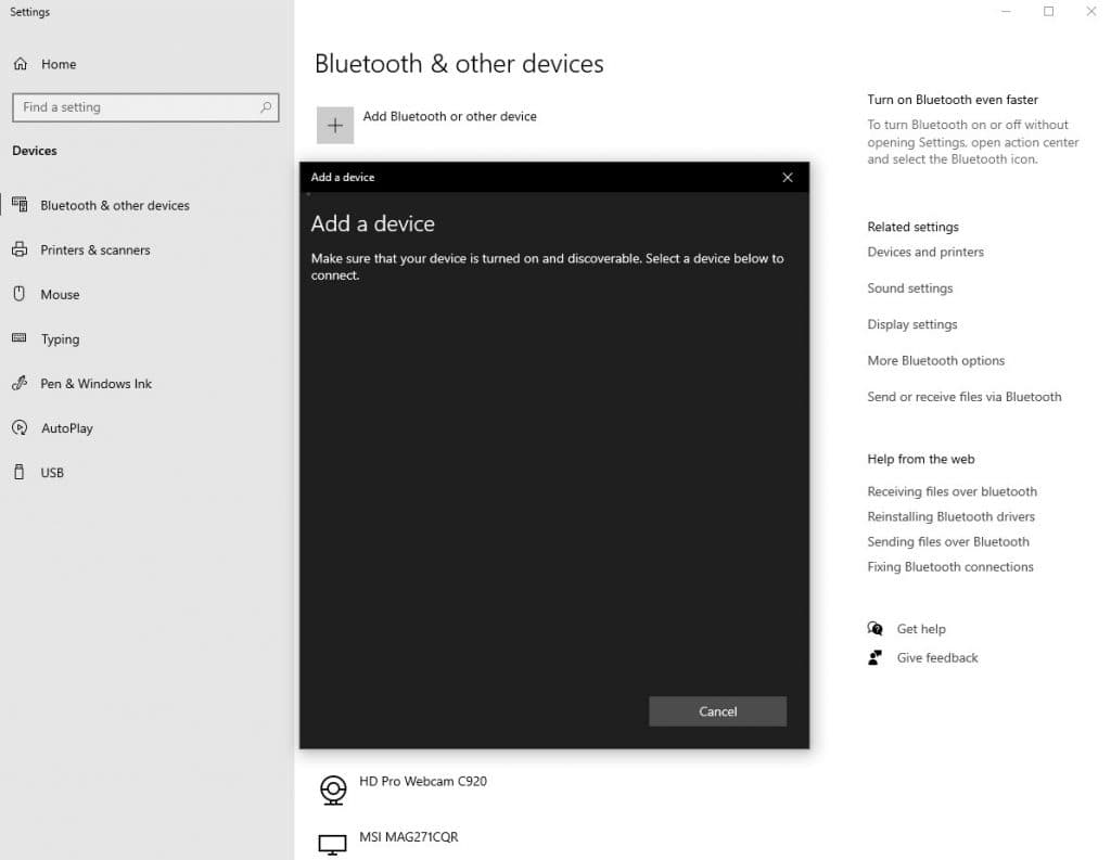The Bluetooth connection screen on Windows