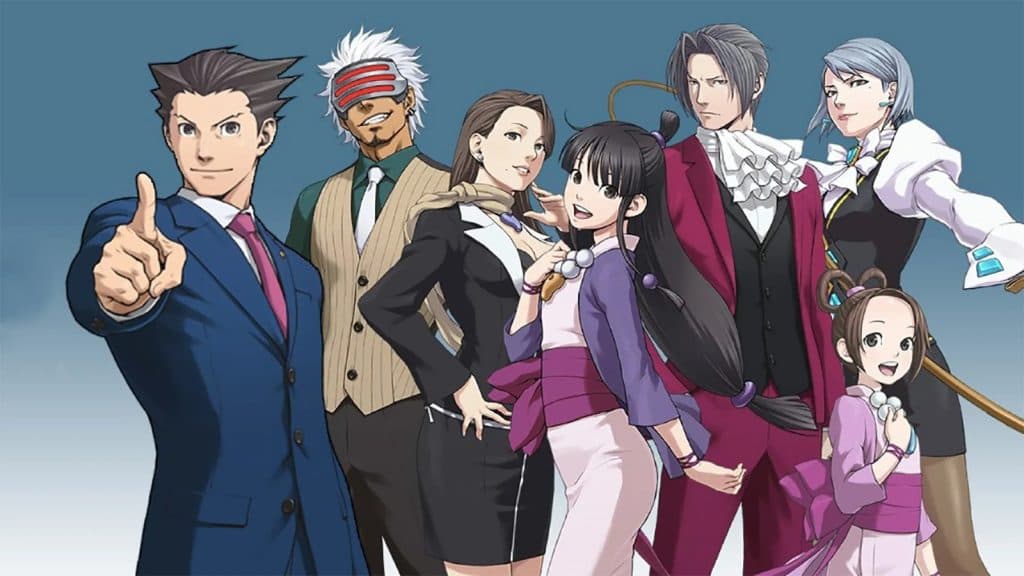 An official image of the cast from the Phoenix Wright franchise, one of the best visual novels in 2023.