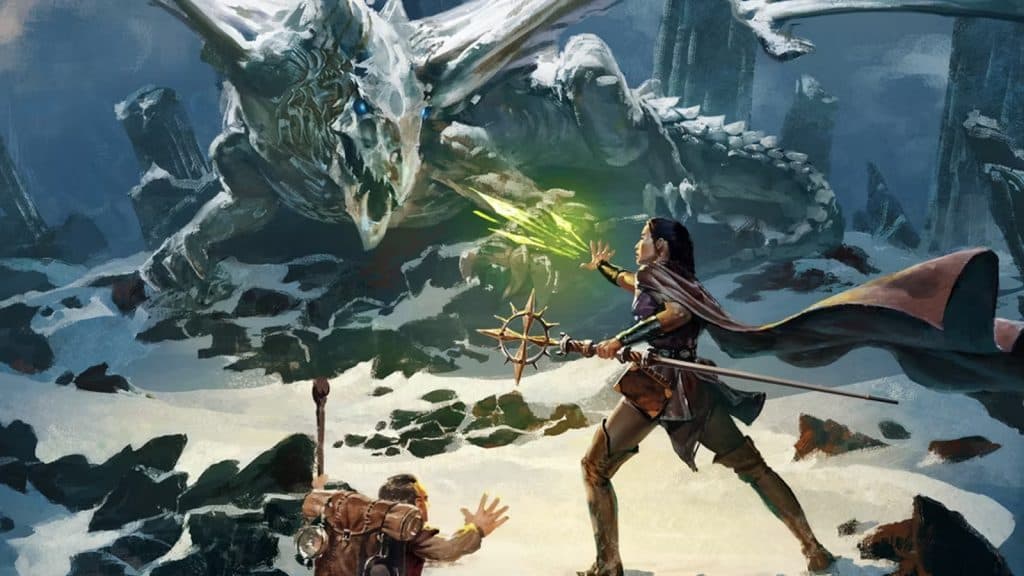 Dungeons & Dragons key art showing a character fighting a dragon.