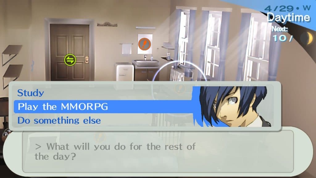 A screenshot of Persona 3 Portable gameplay, showing the difference in presentation compared to FES.