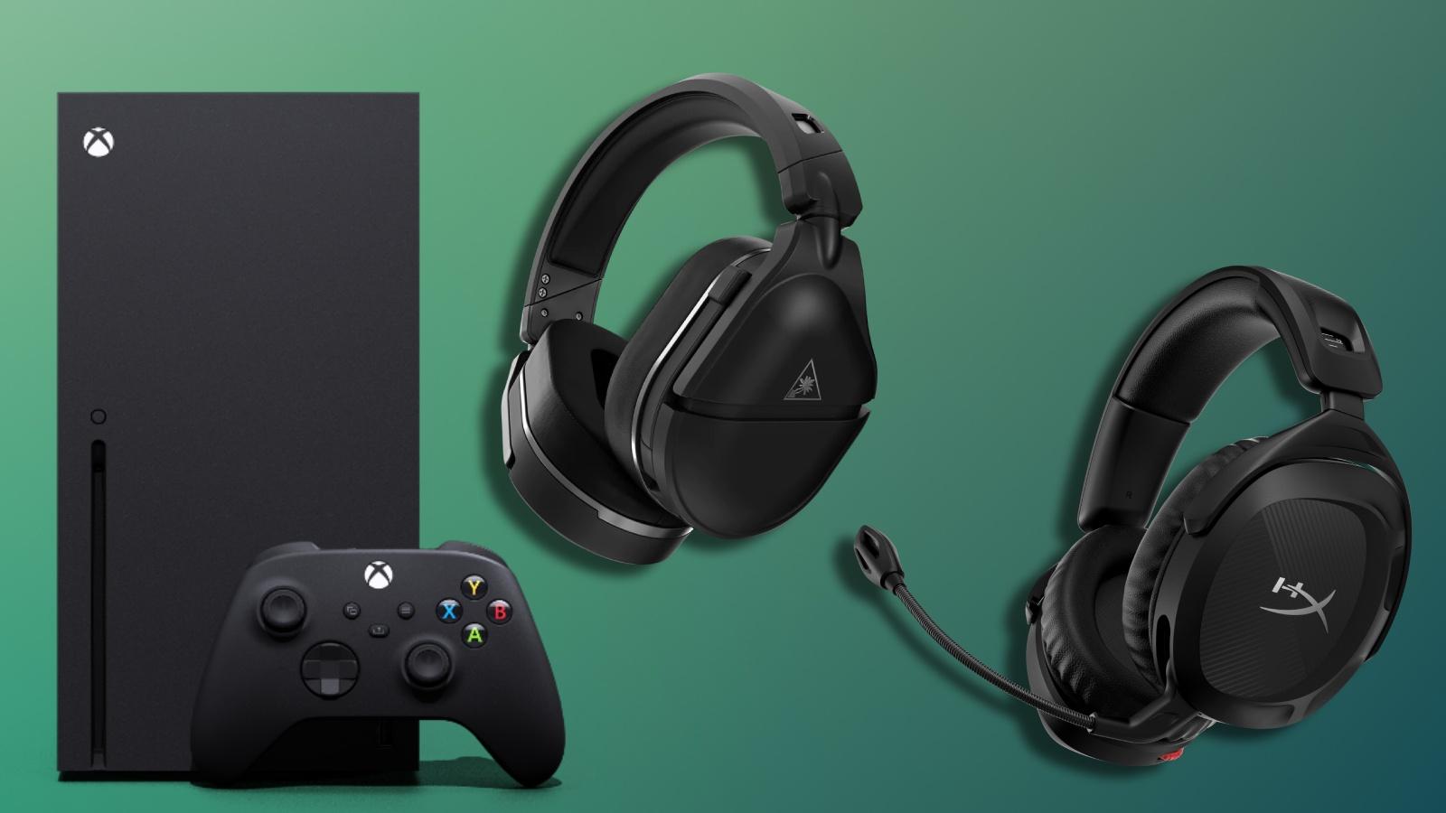 Xbox series X on green background with two headsets
