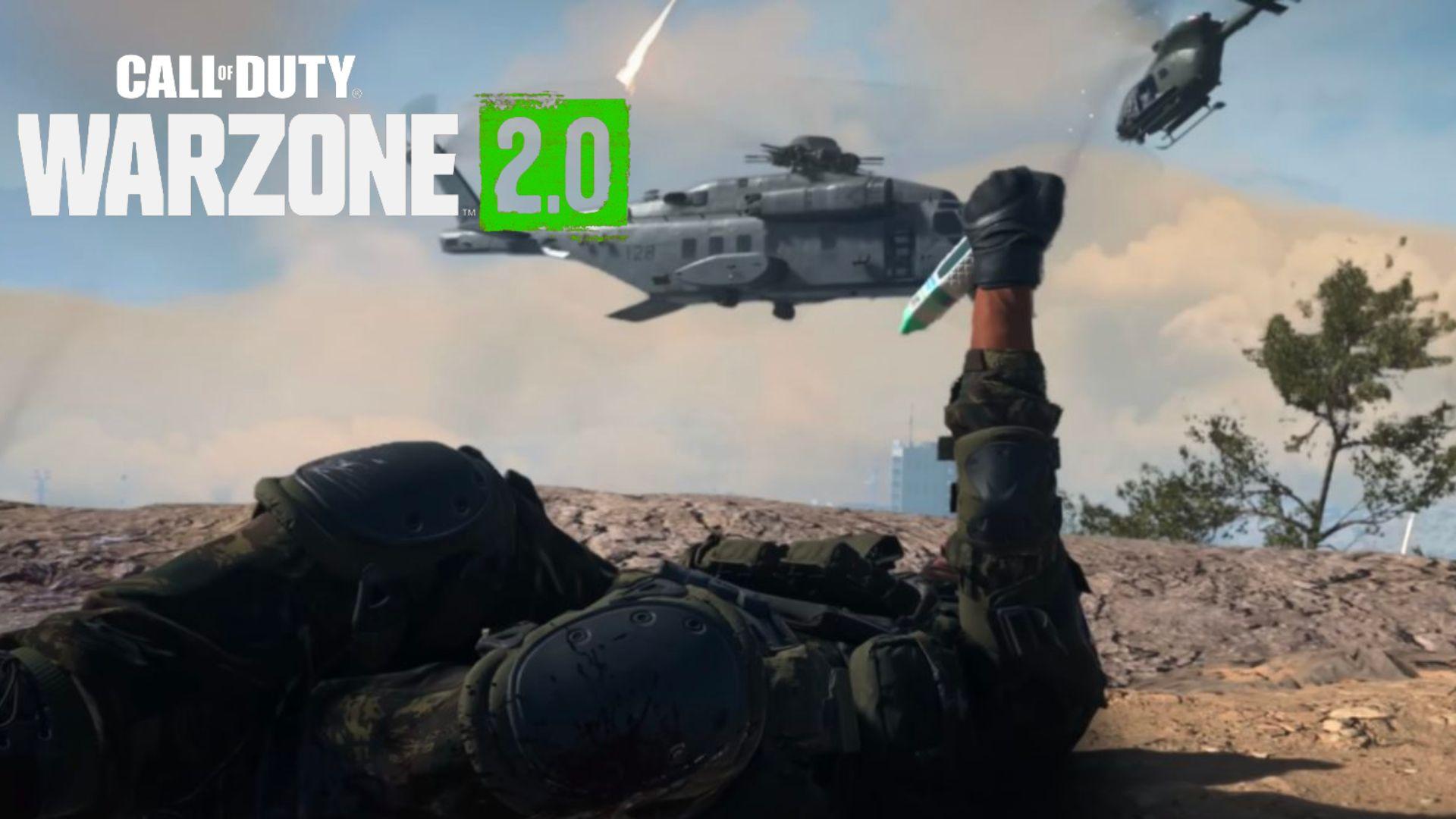 Warzone 2 player holding self-revive kit under flying helicopter